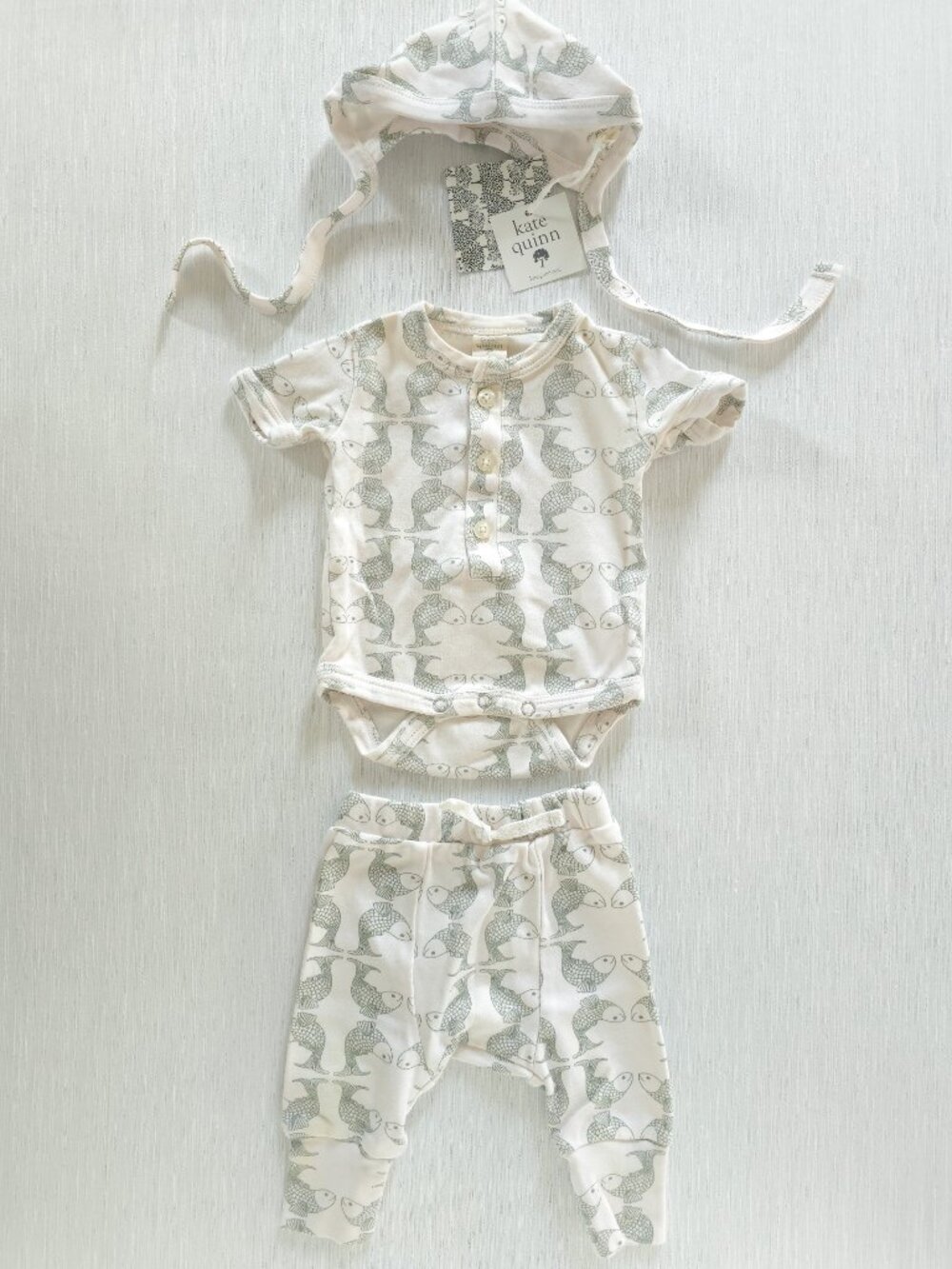 Kate Quinn Koi White and Sage Green Bodysuit, Panda Pants and Elf Hat 0-3 Months